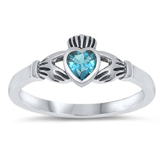 Sterling Silver Rhodium Plated Heart Blue Topaz Cz Claddagh Ring with Ring Face Height of 7MM