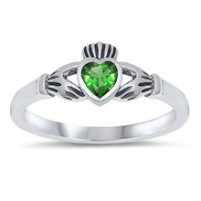 Load image into Gallery viewer, Sterling Silver Rhodium Plated Heart Emeral Cz Claddagh Ring with Ring Face Height of 7MM