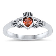 Load image into Gallery viewer, Sterling Silver Rhodium Plated Heart Garnet Cz Claddagh Ring with Ring Face Height of 7MM