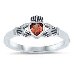 Sterling Silver Rhodium Plated Heart Garnet Cz Claddagh Ring with Ring Face Height of 7MM