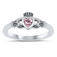 Load image into Gallery viewer, Sterling Silver Claddagh Shaped Pink CZ RingAnd Face Height 7mm