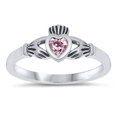 Sterling Silver Claddagh Shaped Pink CZ RingAnd Face Height 7mm