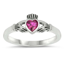 Load image into Gallery viewer, Sterling Silver Rhodium Plated Heart Ruby Cz Claddagh Ring with Ring Face Height of 7MM