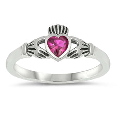 Sterling Silver Rhodium Plated Heart Ruby Cz Claddagh Ring with Ring Face Height of 7MM