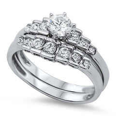 Sterling Silver Classy Bridal Set Band with Round CZ on Channel Setting and Centered Clear Round Solitaire CZ on 6 Prong, Face Height of 10MM