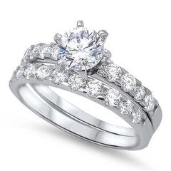 Sterling Silver Bridal Set Band Inlaid with Pave CZ and Centered Clear Round Solitaire CZ on 6 Prong Setting, Face Height of 9MM