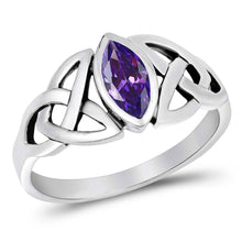 Load image into Gallery viewer, Sterling Silver Celtic Design Amethyst Color Oval CZ RingAnd Face Height 9mm