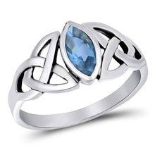 Load image into Gallery viewer, Sterling Silver Celtic Design Aquamarine Color Oval CZ RingAnd Face Height 9mm