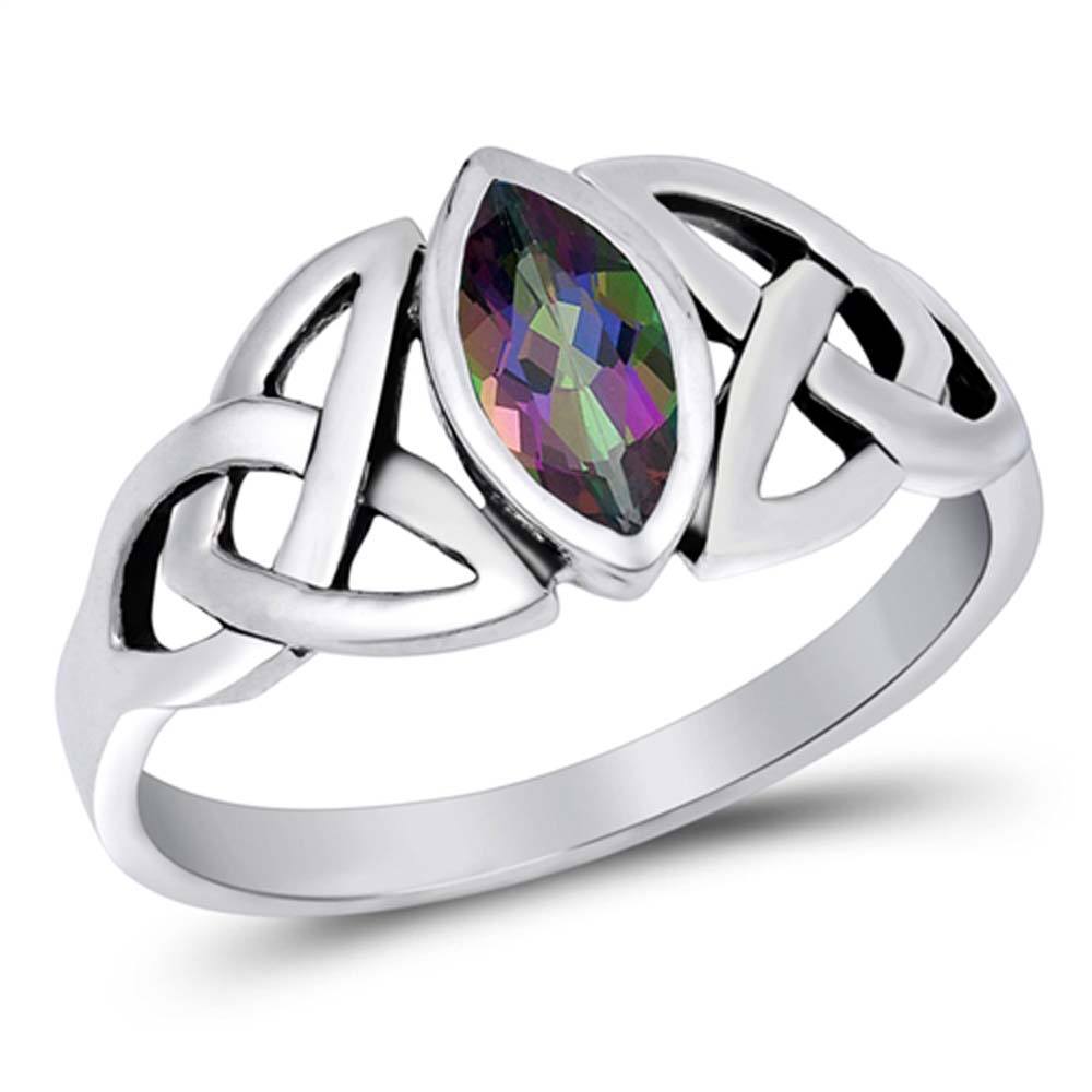 Sterling Silver Solitaire Rainbow Topaz Marquise Cut CZ with Celtic Knots Side View Design, with Face Height 9MM