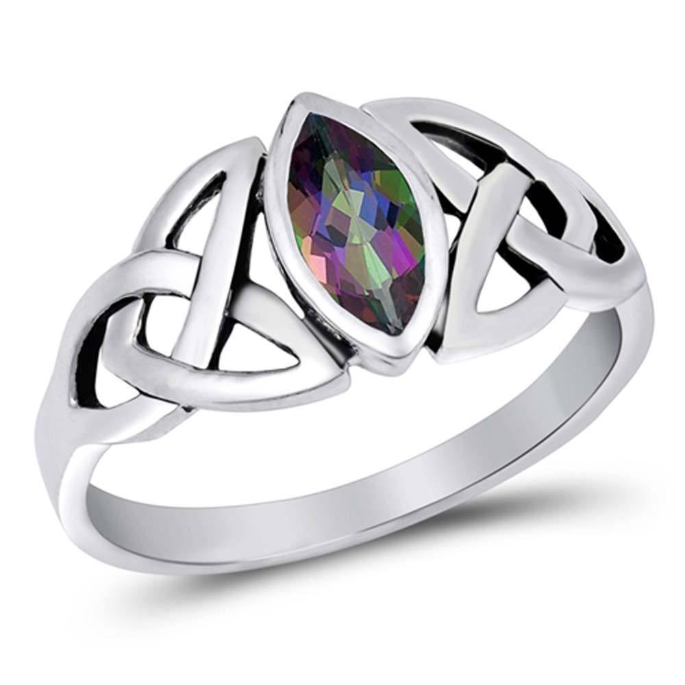 Sterling Silver Solitaire Rainbow Topaz Marquise Cut Simulated Diamond with Celtic Knots Side View DesignAnd with Face Height 9MM