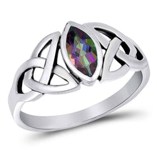 Load image into Gallery viewer, Sterling Silver Solitaire Rainbow Topaz Marquise Cut Simulated Diamond with Celtic Knots Side View DesignAnd with Face Height 9MM