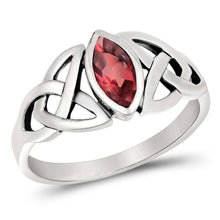 Load image into Gallery viewer, Sterling Silver Celtic Design Ruby Color Oval CZ RingAnd Face Height 9mm