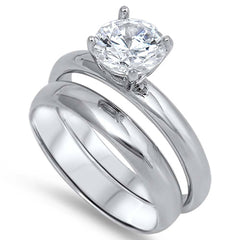 Sterling Silver Clear Round Solitaire CZ on 4 Prong Setting Bridal Set, Face Height of 7MM