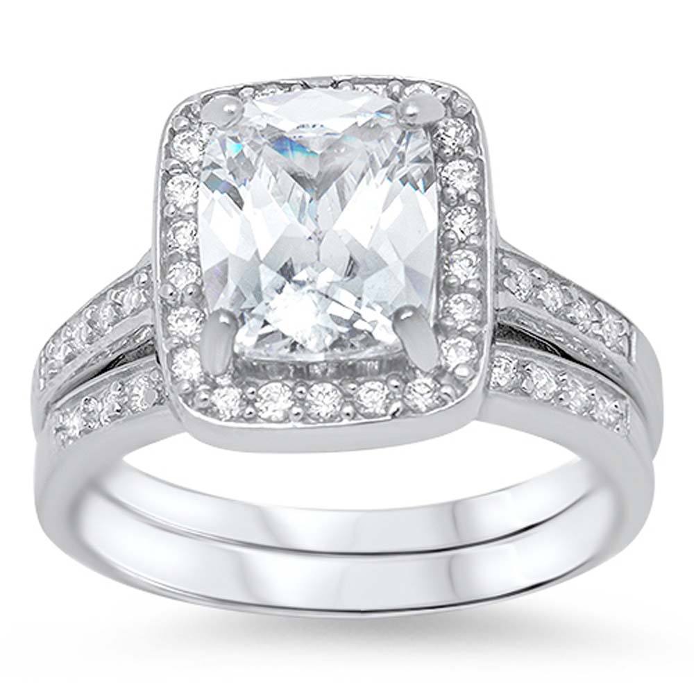 Sterling Silver Clear Emerald Cut Cz with Halo Pave Setting, Band Width of 5MM and Center Stone Size of 10MM