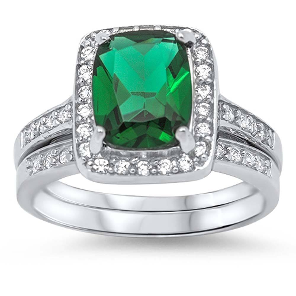 Sterling Silver Emerald CZ Emerald Cut with Halo Pave Setting Bridal Set Band Inlaid with Clear Pave CZ, Face Height of 13MM