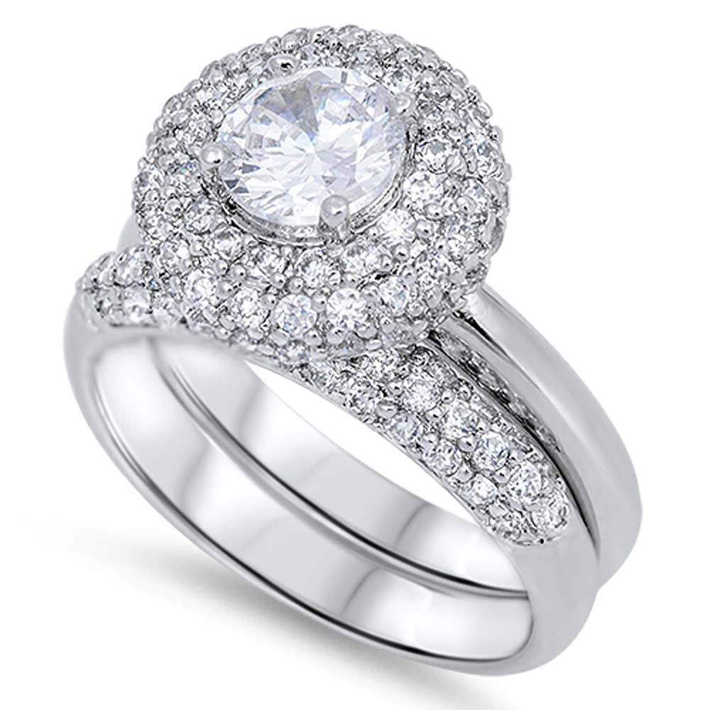 Sterling Silver Clear Round Solitaire CZ with Halo Micro Pave CZ Inlaid Elegant Bridal Set, Band Width of 7MM and Center Stone Size of 7MM