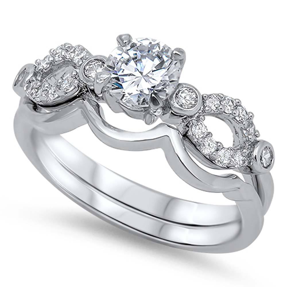 Sterling Silver Fancy Band with 4 Bezel Set and Pave CZ with Centered Clear Round Solitaire CZ Bridal Set, Band Width of 3MM and Center Stone Size of 6MM