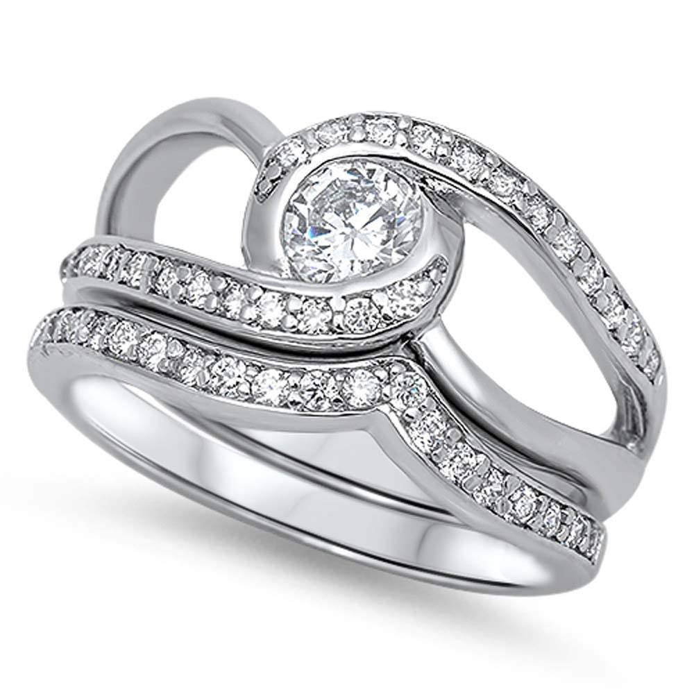 Sterling Silver Elegant Bridal Set Open Cut Bypass Band with Pave CZ and Centered Clear CZ on Bezel Set, Band Width of 6MM and Center Stone Size of 5MM