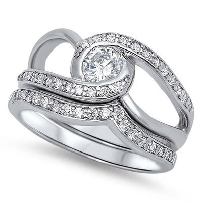 Sterling Silver Elegant Bridal Set Open Cut Bypass Band with Pave Simulated Diamond and Centered Clear Simulated Diamond on Bezel SetAnd Band Width of 6MM and Center Stone Size of 5MM