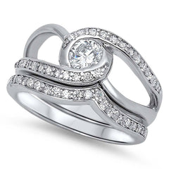 Sterling Silver Elegant Bridal Set Open Cut Bypass Band with Pave CZ and Centered Clear CZ on Bezel Set, Band Width of 6MM and Center Stone Size of 5MM