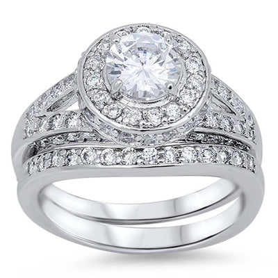Sterling Silver Classy Bridal Set Split Band Inlaid with Pave Simulated Diamond and Centered Clear Round Solitaire Simulated Diamond with Halo Pave SettingAnd Band Width of 12MM and Stone Size of 6MM