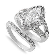 Load image into Gallery viewer, Sterling Silver Classy Bridal Set Split Band with Pave Simulated Diamond and Centered Marquise Cut Simulated Diamond with Micro Pave HaloAnd Band Width of 12MM and Center Stone Size of 13MM