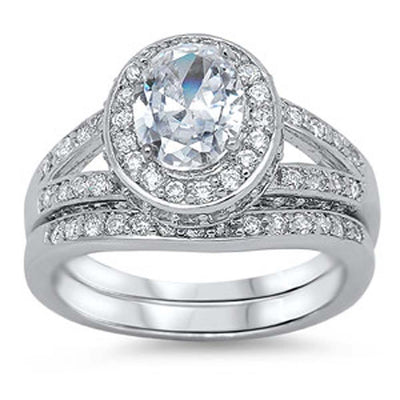 Sterling Silver Clear Oval Cut Simulated Diamond with Halo Pave Setting Bridal Set Split Band Inlaid with Pave Simulated DiamondAnd Band Width of 11MM and Center Stone Size of 9x7MM