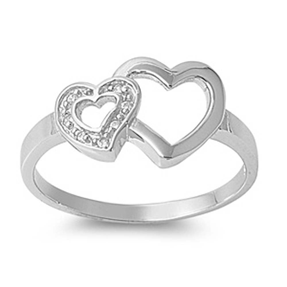 Sterling Silver Double Hearts Shaped Clear CZ RingAnd Face Height 10mm