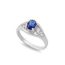 Load image into Gallery viewer, Sterling Silver Celtic Design Oval Blue Sapphire CZ RingAnd Face Height 9mm