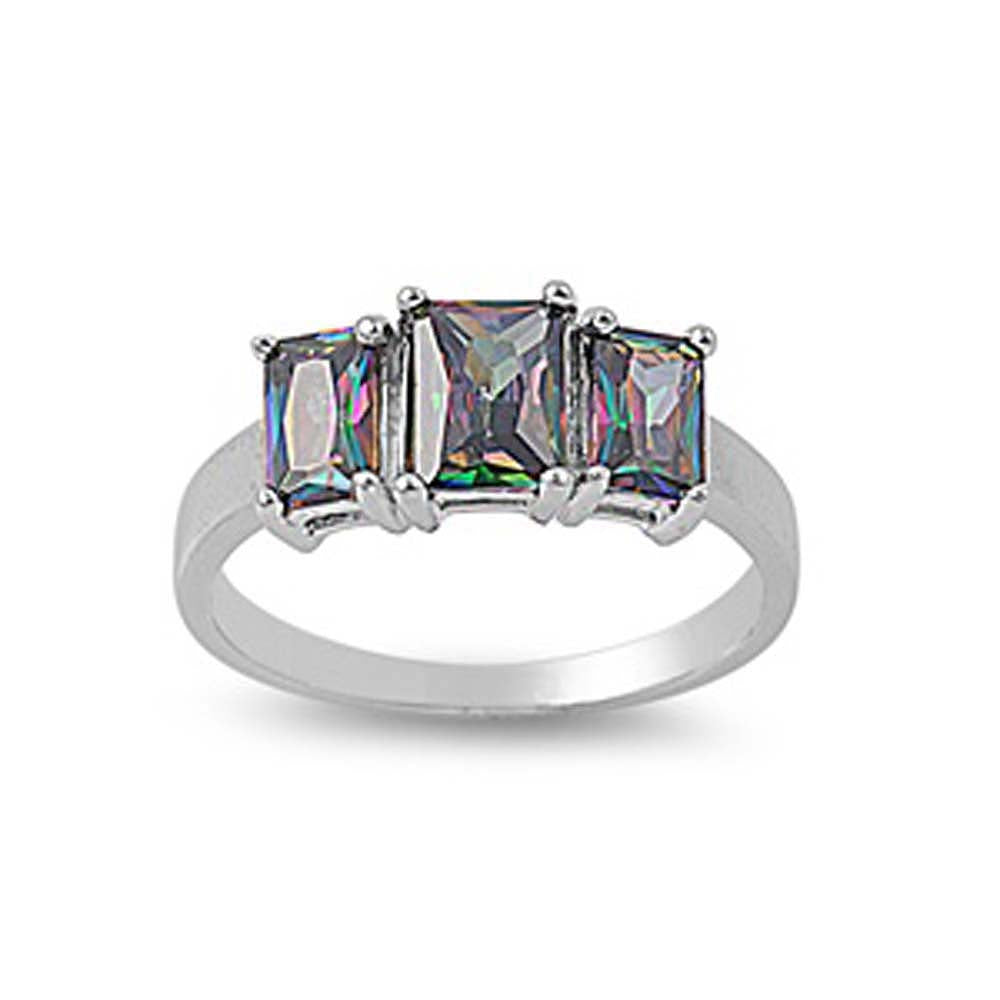 Sterling Silver 3 Stone Radiant Cut Rainbow Topaz CZ, Face Height 7MM