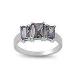 Sterling Silver 3 Stone Radiant Cut Rainbow Topaz Simulated DiamondAnd Face Height 7MM