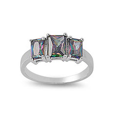 Sterling Silver 3 Stone Radiant Cut Rainbow Topaz CZ, Face Height 7MM