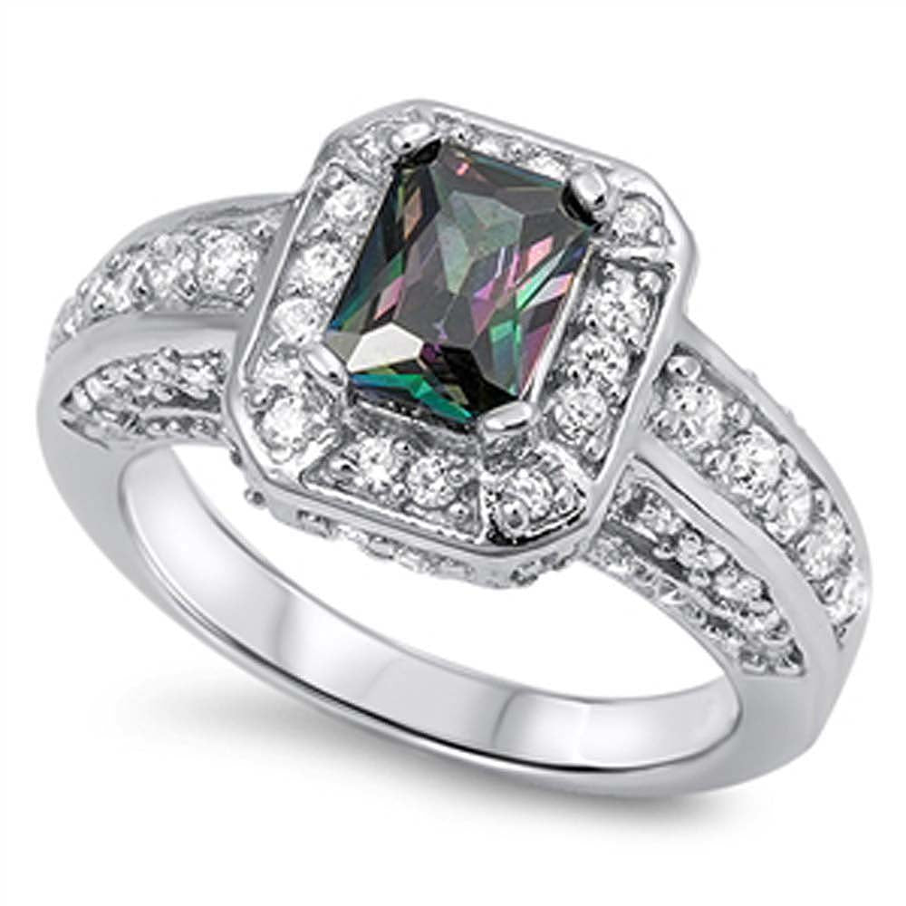 Sterling Silver Solitaire Halo Ring with Centered Emerald Cut Rainbow Topaz CZ On Prong SettingAnd Face Height 11MM