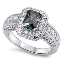 Load image into Gallery viewer, Sterling Silver Solitaire Halo Ring with Centered Emerald Cut Rainbow Topaz Simulated Diamond On Prong SettingAnd Face Height 11MM