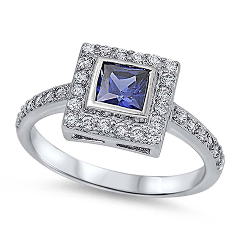 Sterling Silver Double Squares Shaped Blue Sapphire And Clear CZ RingAnd Center Stone Width 10mm