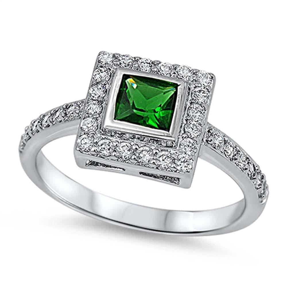 Sterling Silver Double Squares Shaped Emerald And Clear CZ RingAnd Center Stone Width 10mm