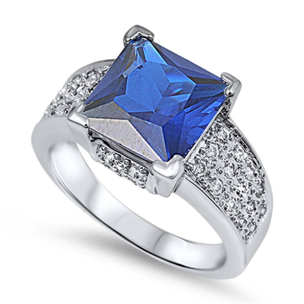 Sterling Silver Blue Sapphire Square With Clear CZ RingAnd Face Height 11mm