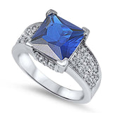 Sterling Silver Blue Sapphire Square With Clear CZ RingAnd Face Height 11mm