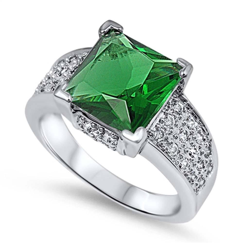 Sterling Silver Emerald Square With Clear CZ RingAnd Face Height 11mm