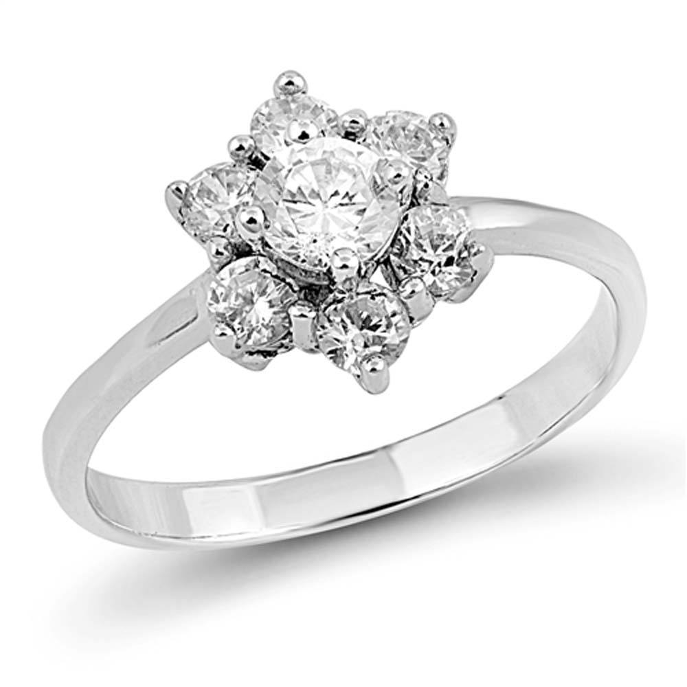 Sterling Silver Flower Shaped Clear CZ RingAnd Face Height 11mm