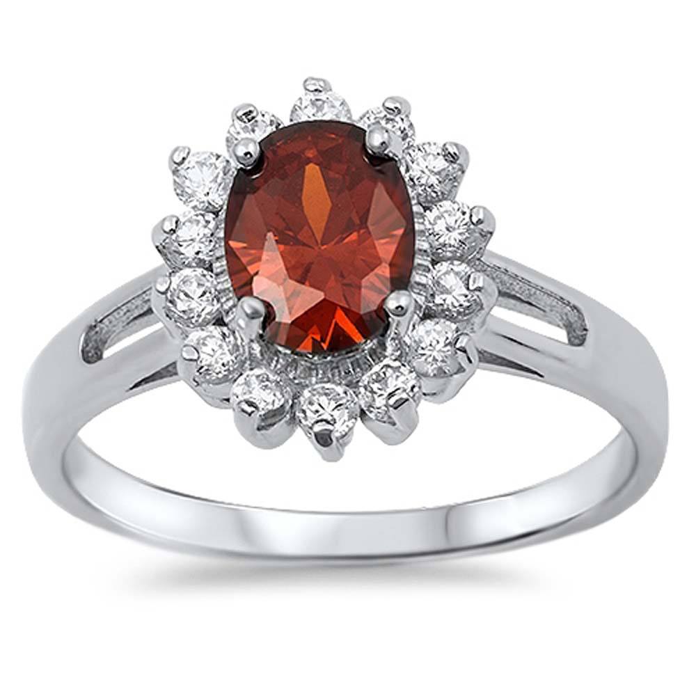 Sterling Silver Garnet Oval With Flower Clear CZ RingAnd Face Height 13mm