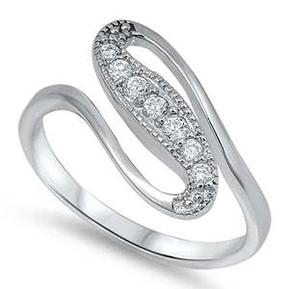 Sterling Silver Waves Shaped Clear CZ RingAnd Face Height 14mm