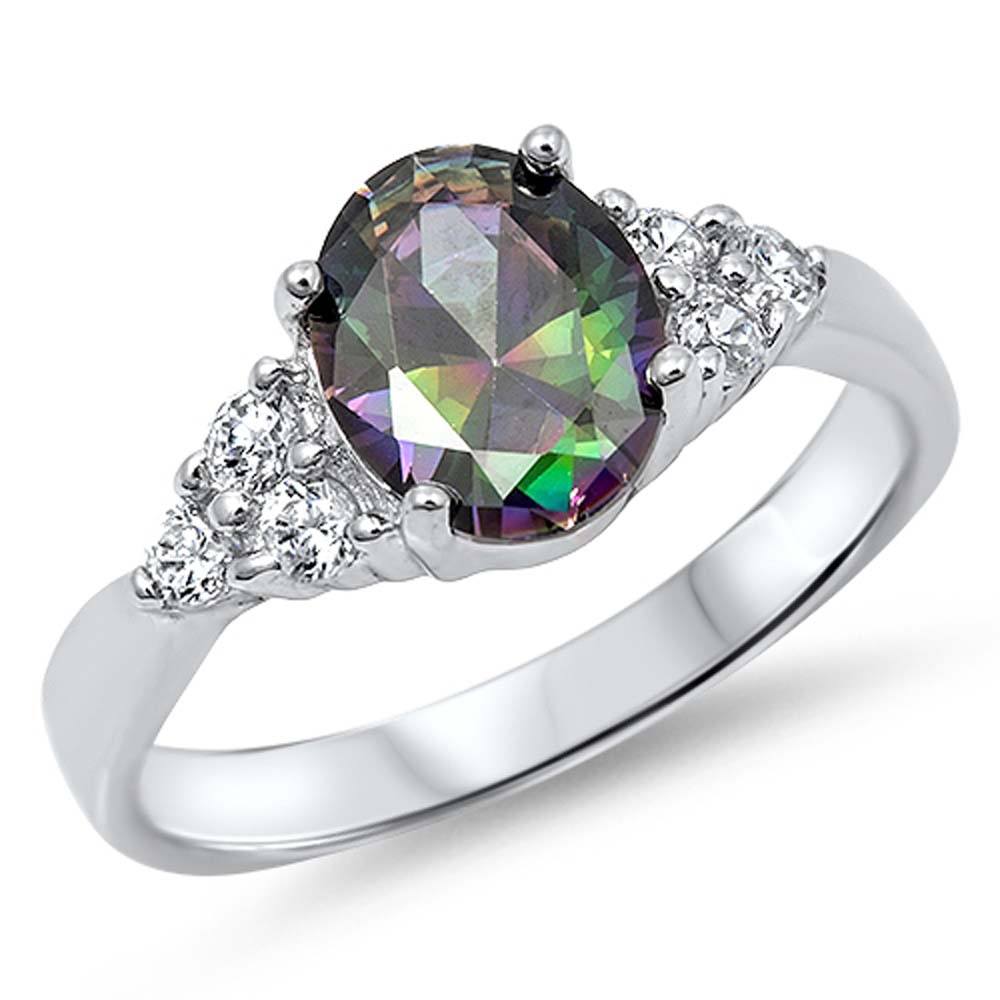 Sterling Silver Elegant Oval Cut Rainbow Topaz CZ with Face Height of 9MM