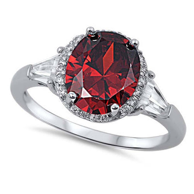 Sterling Silver Garnet Color Oval With Clear CZ RingAnd Face Height 11mm
