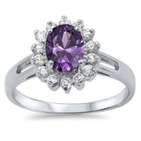 Sterling Silver Amethyst Oval With Flower Clear CZ RingAnd Face Height 13mm