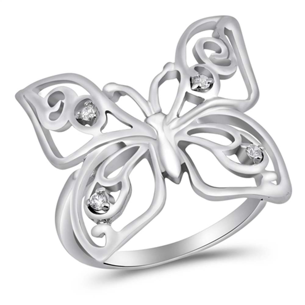Sterling Silver Butterfly Shaped Clear CZ RingAnd Face Height 19mm