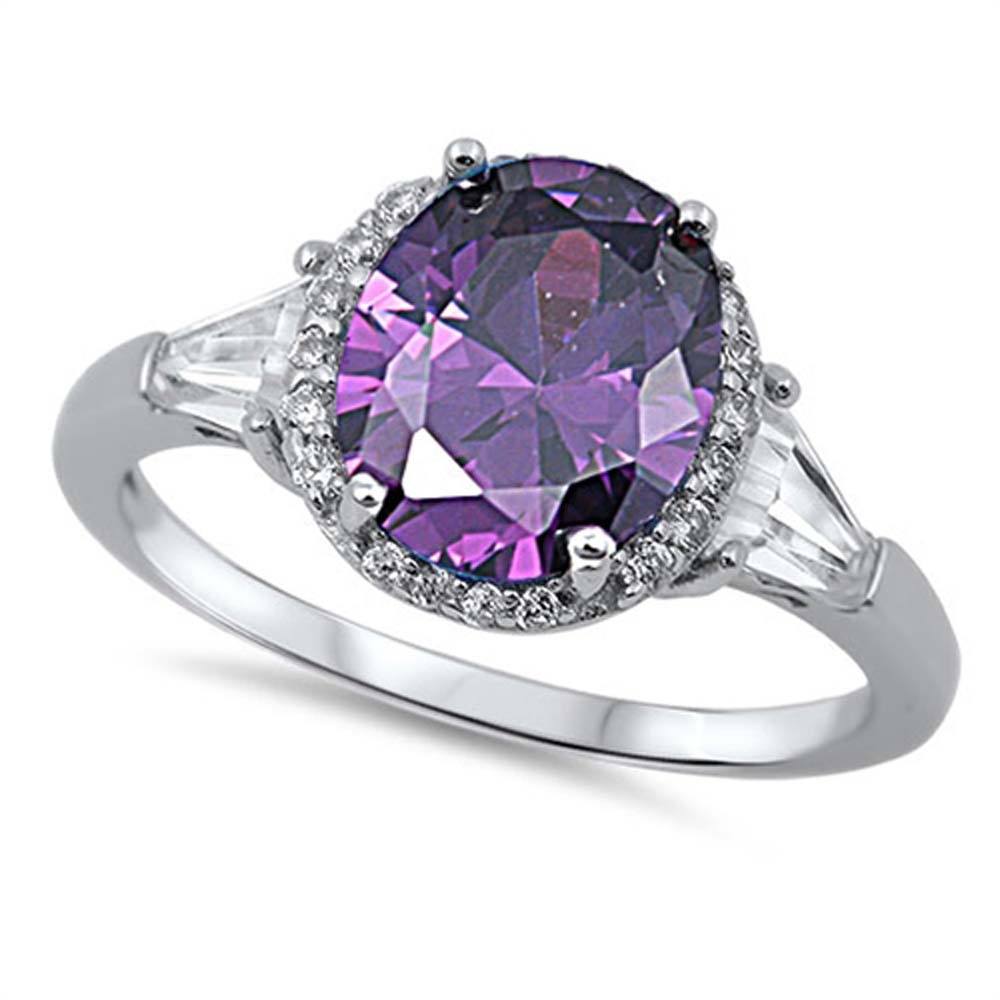 Sterling Silver Amethyst Oval and Clear CZ Ring and Face Height 12mm