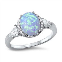 Load image into Gallery viewer, Sterling Silver Elegant Solitaire Pronged Oval Cut Light Blue Lab Opal with Paved Halo Setting and Clear Tapered Baguette on Each Side RingAnd Face Height of 12MM