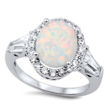 Load image into Gallery viewer, Sterling Silver Stylish White Lab Opal Oval Cut with Halo and Inlay Clear CZ Ring and Face Height of 12MM