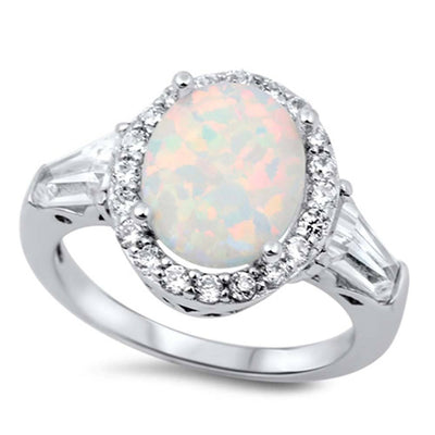 Sterling Silver Stylish White Lab Opal Oval Cut with Halo and Inlay Clear CZ Ring and Face Height of 12MM